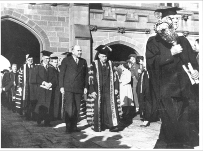 Sir Charles Bickerton Blackburn in procession for the occasion of the visit of Sir William Slim, Governor General, 1953., Photo courtesy of the University of Sydney Archives, Copyright University of Sydney